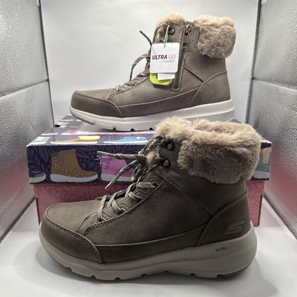 Skechers Go Walk Glacial Waterproof Winter Boots Womens 6 Dark Taupe NIB - Picture 1 of 16